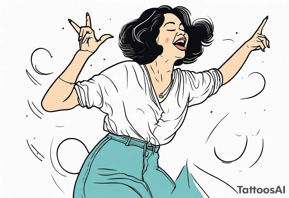 Silly. odd woman ugly dancing pointing her fingers up in the sky. tattoo idea