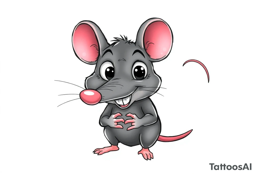 The image shows a cartoon rat with a long pointed nose, huge bulging eyes, and a cheeky, mischievous smile. The rat is grey with big pink ears and a thin pink tail visible on the right. Its little hands are held up close to its chest in a playful, sneaky pose. The expression makes the rat look funny, surprised, and a bit sly at the same time.

I want all his body..bigger nose, eyes poped out from the head + foots tattoo idea
