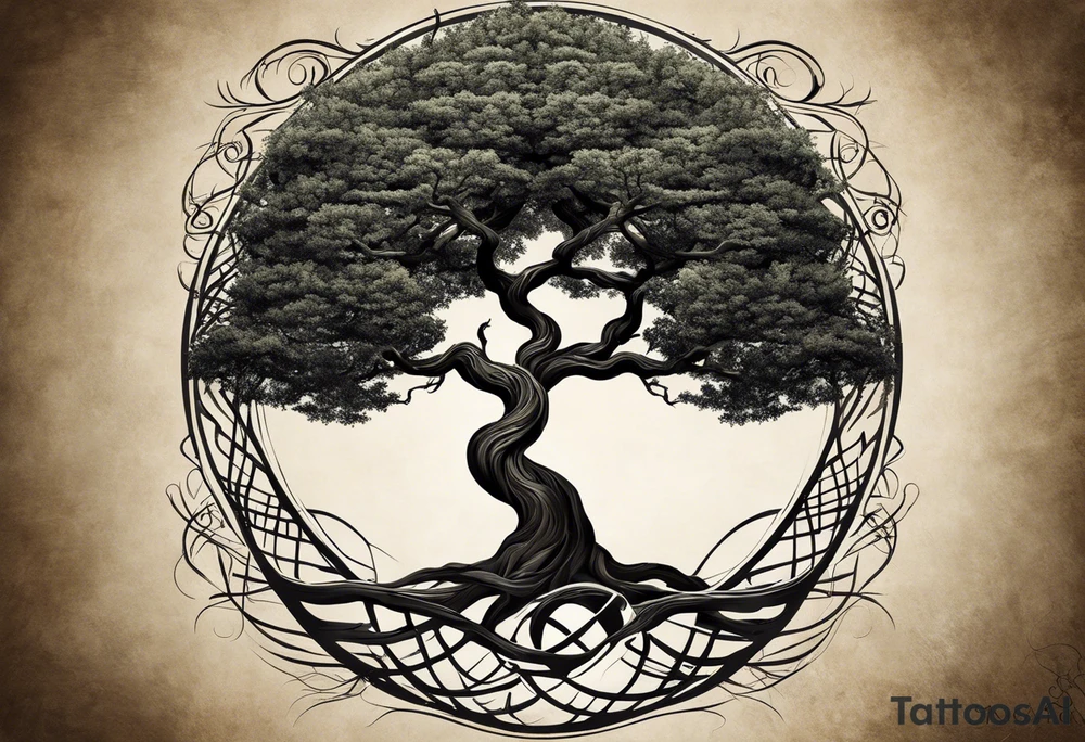 create a tattoo of a tree with its roots forming the double helix structure of DNA, symbolizing the essence of life and growth. The trunk of the tree could extend upwards, branching out into the familiar silhouette of Michelangelo's hands from the "Creation of Adam." The hands could be positioned to delicately cradle a small seed or budding flower, representing the potential for new beginnings and creation tattoo idea