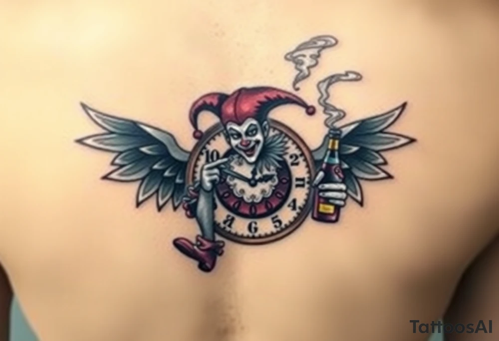a jester clown floating in smoke with a  clock, the time says 420,  with two open wings besides the clock, smoke as the spring rising from the clock, a jester clown coming out the smoke, smoking in one hand with a liquor bottle on the other hand tattoo idea