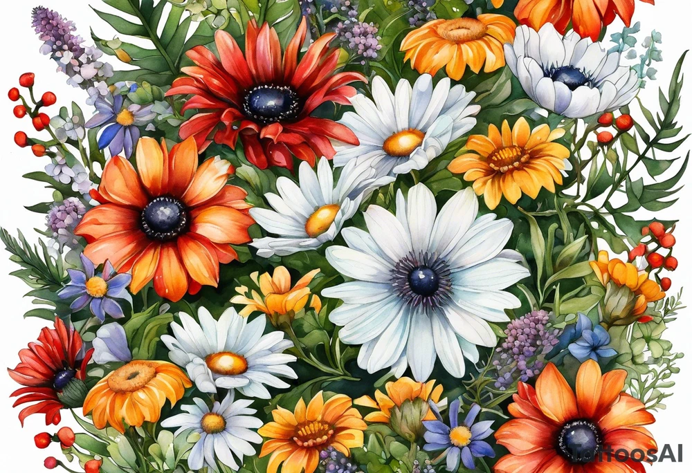 sideways oval of wildflowers cascading with thistles, ferns, white anemones, sun flowers, red flowers, black flowers, buttercups, orange flowers, babys breath and daisies all in watercolor tattoo idea