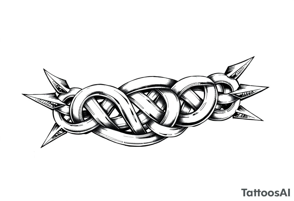 A Celtic knot armband with interwoven loops, featuring pointed ends that give it a dynamic, thorned or blade-like appearance. Designed to wrap the bicep and tricep like a torc or tribal band tattoo idea