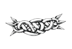 A Celtic knot armband with interwoven loops, featuring pointed ends that give it a dynamic, thorned or blade-like appearance. Designed to wrap the bicep and tricep like a torc or tribal band tattoo idea