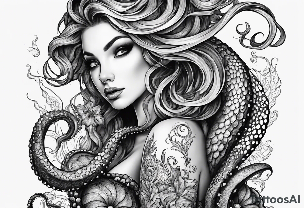 Octopus around lower leg  holding a mermaid tattoo idea