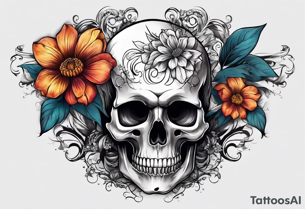 skull with one flower growing out of its head tattoo idea