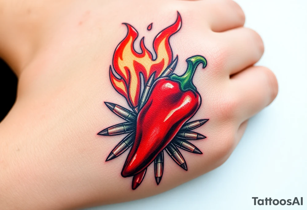 Chili pepper with flames and raining bullets tattoo idea