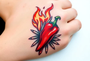 Chili pepper with flames and raining bullets tattoo idea