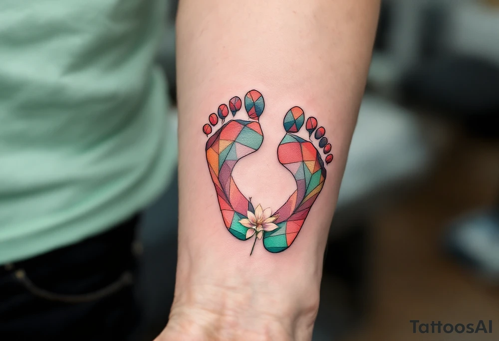 Soft coral and pastel green footprints of Dominik, accompanied by a small, blooming flower symbolizing his growth and beauty. tattoo idea
