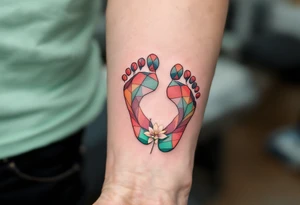 Soft coral and pastel green footprints of Dominik, accompanied by a small, blooming flower symbolizing his growth and beauty. tattoo idea