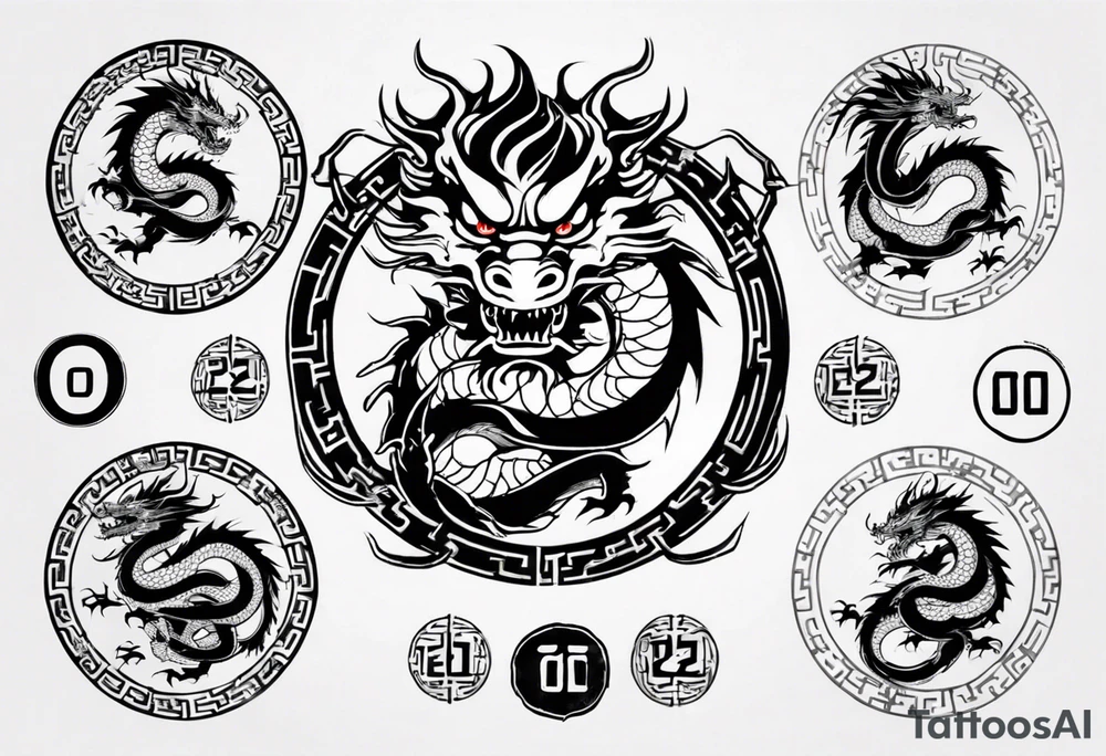 Chinese dragon in a circular shape with "02.03" written on its skin tattoo idea