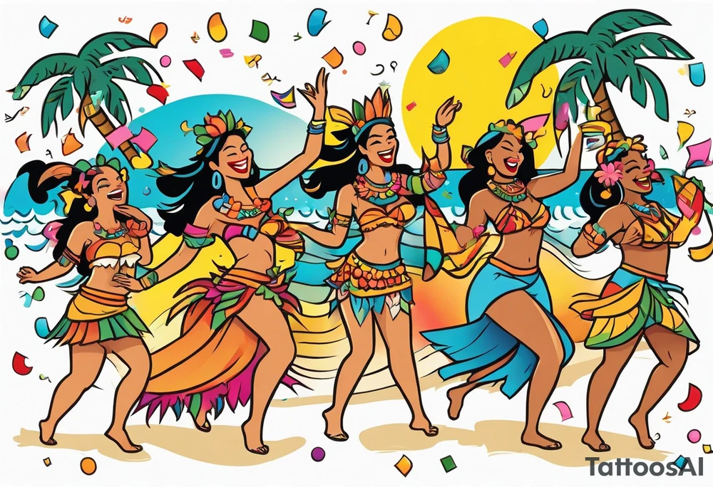 beach party scene with tiki gods and hulu girls dancing include music notes and confetti. leave a blank area in the middle of the image tattoo idea