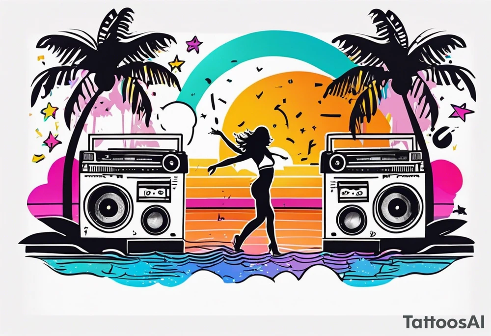 1980's miami vice style beach dance 
party, include confetti, music notes, boom box, bikinis sunset in the center tattoo idea