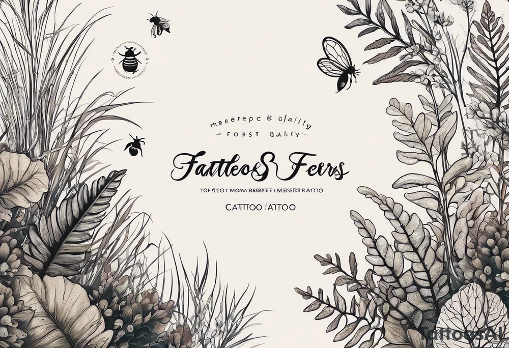 minimalistic forest floor inspired tattoo, which includes grass, moss, curly ferns and dead leaves as the bulk of the tattoo. details to include: forest berries, couple of very small brown mushrooms, a tiny bumblebee flying nearby tattoo idea