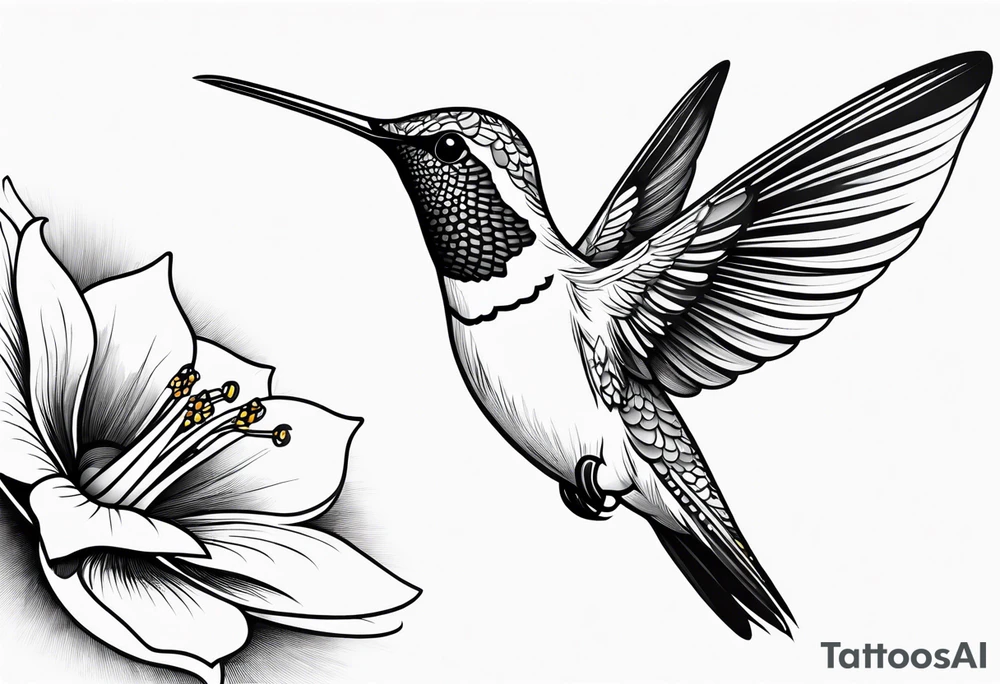 Design a minimalist tattoo of a hummingbird in flight, with elegant lines capturing its grace and vibrant energy tattoo idea