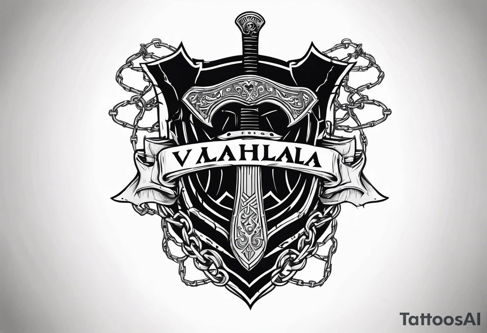 Valhalla sword shield axe barbed wire chains dark cloud tattoo idea