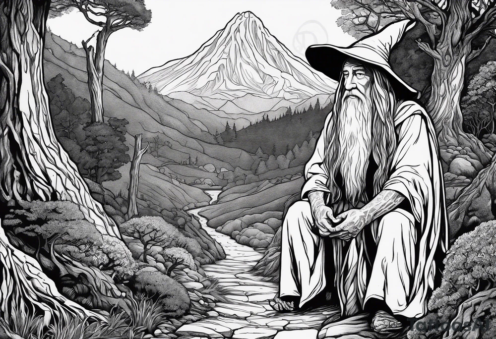 gandalf looking at a hobbits giant feet. The hobbit's feet are made out of asparagus tattoo idea