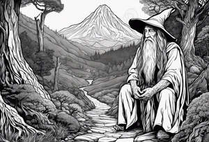 gandalf looking at a hobbits giant feet. The hobbit's feet are made out of asparagus tattoo idea