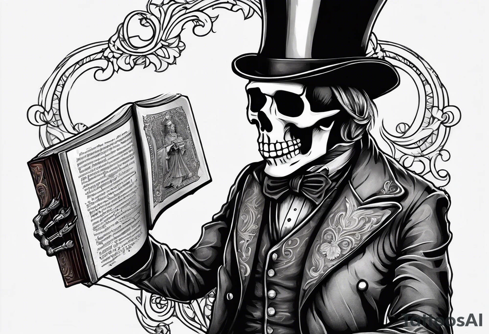 skeleton wearing a top hat holding a holy bible tattoo idea