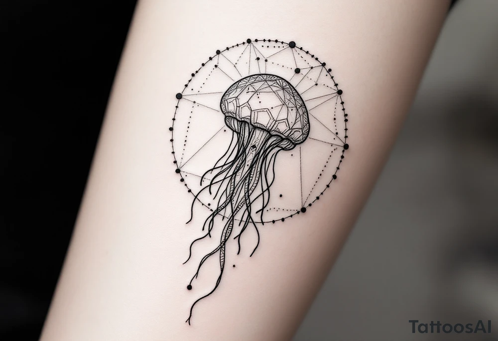 small, minimal fine-line tattoo, single jellyfish, sacred geometry surround, dotwork patterns, jellyfish bell dome, flowing tentacles, trailing streamers, geometric mandala, radiating dotwork, minimalist design, black grey lines, soft shading, no outlines, geometric frame, organic jellyfish form, upper arm shoulder placement, light airy feel, delicate linework, geometric backdrop, clean lines, radiating patterns, simple jellyfish centerpiece, minimalist, psychedelic tattoo idea