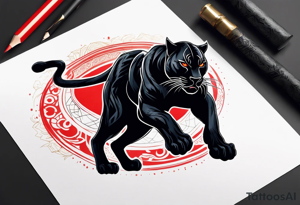 unique black panther tattoo, dynamic pose, showcasing its strength and grace, striking red eyes, intense and captivating elements, artistic flair, blending realism with abstract elements tattoo idea