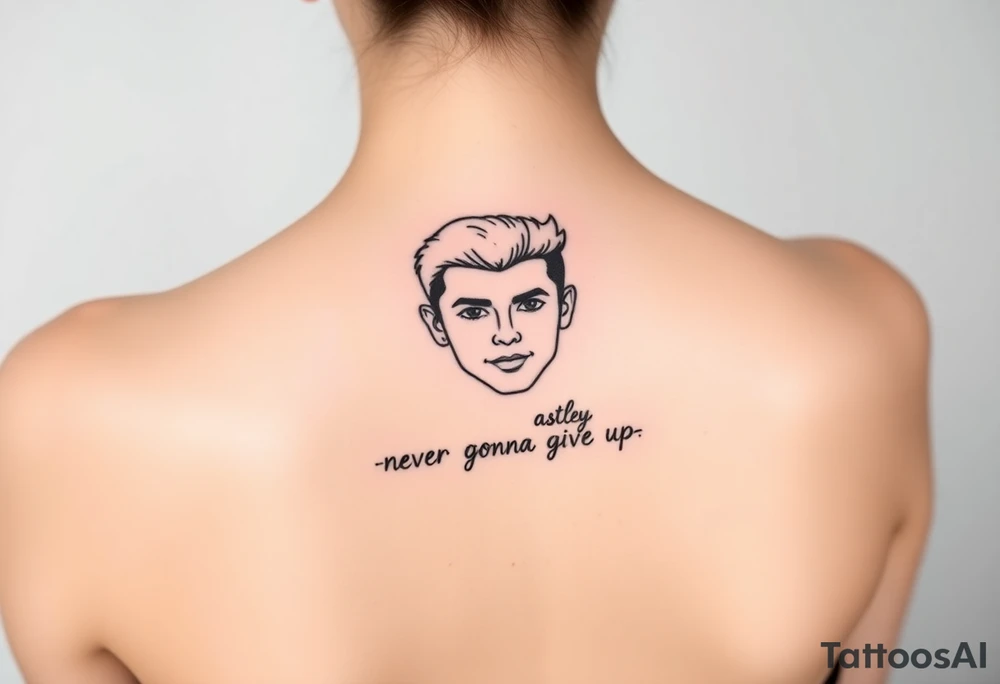 Rick Astley Face and Never Gonna Give You Up text tattoo idea
