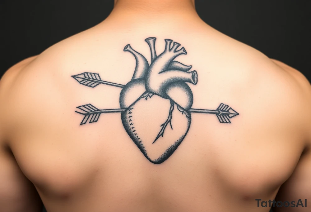 anatomical heart pierced by ornate arrow with flowing ribbons tattoo idea