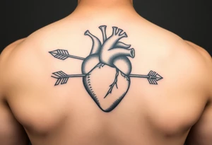 anatomical heart pierced by ornate arrow with flowing ribbons tattoo idea