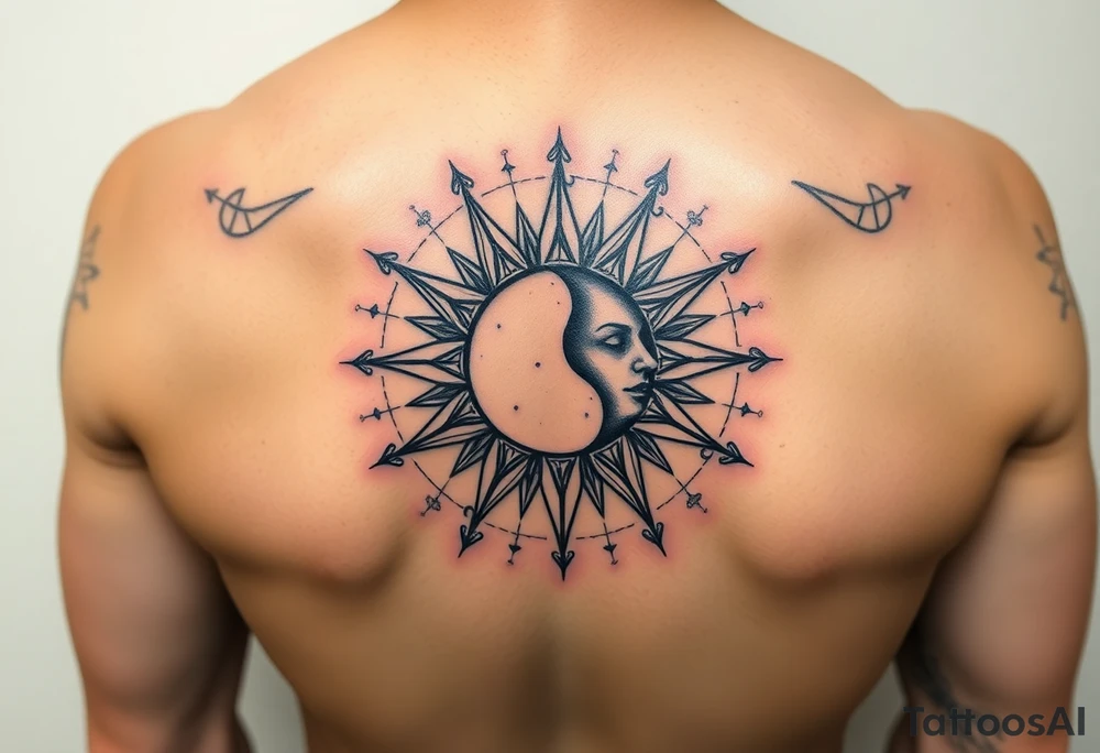 celestial sun and moon embrace with constellation patterns tattoo idea