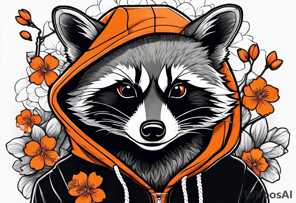Raccoon wearing a white Superman logo on a black hoodie and orange Japanese cherry blossoms beside tattoo idea