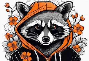 Raccoon wearing a white Superman logo on a black hoodie and orange Japanese cherry blossoms beside tattoo idea
