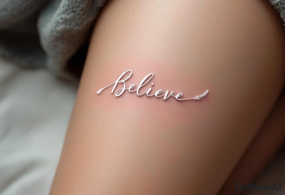A delicate "Believe" in silver, intertwined with tiny feathers in soft white, symbolizing freedom and trust in the journey. tattoo idea