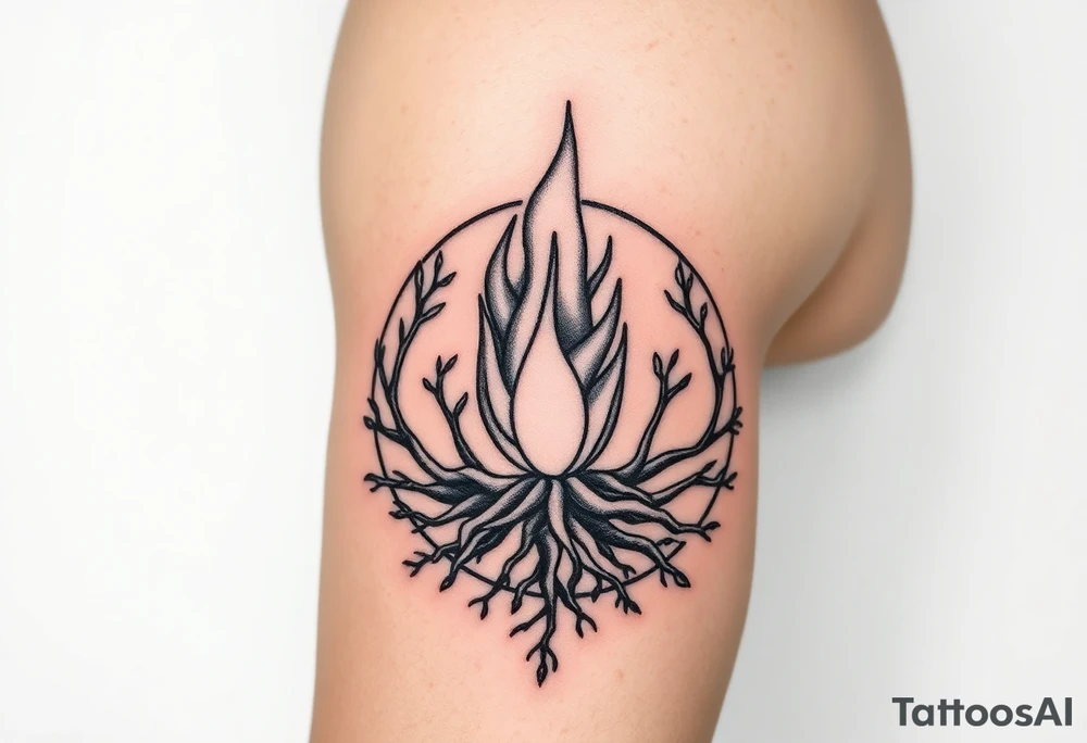 flame in a blooming roots circle tattoo idea