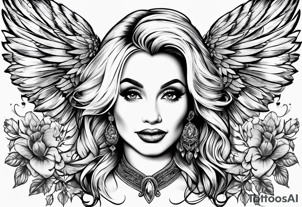 An angelic tattoo featuring Dolly Parton, an acorn, wings tattoo idea