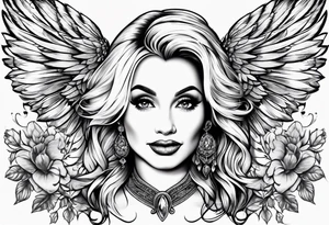 An angelic tattoo featuring Dolly Parton, an acorn, wings tattoo idea