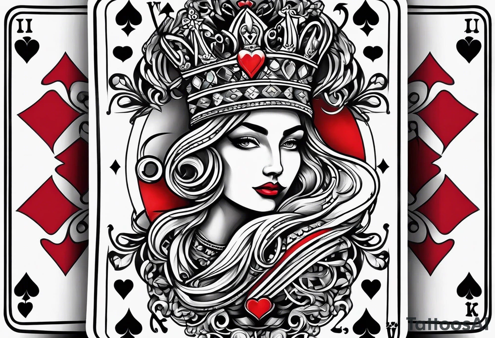 one playing card with both queen of hearts and king of spades in extreme minimalistic style tattoo idea