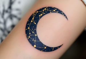 A crescent moon in navy cradles the Cancer constellation in glowing gold ink. tattoo idea