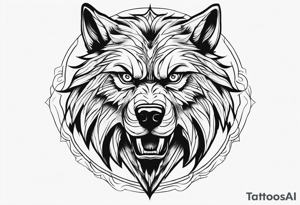 Werewolf face facing forward with a white and black eye very well detailed 
hand tattoo tattoo idea