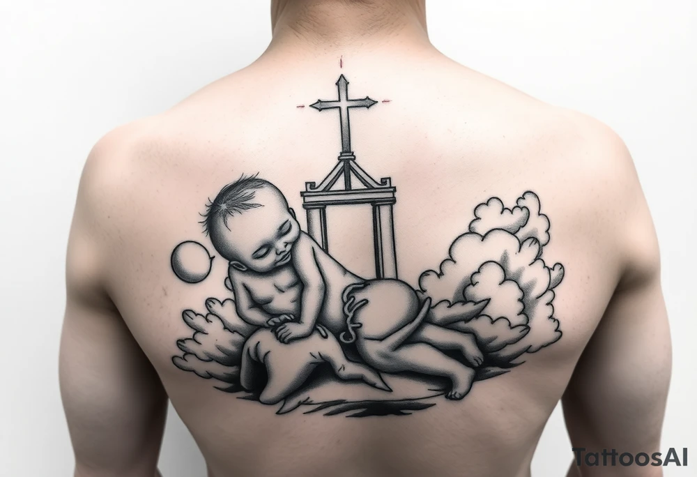 Babyboy crawling up to heavens gate in the clouds tattoo idea