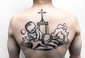 Babyboy crawling up to heavens gate in the clouds tattoo idea