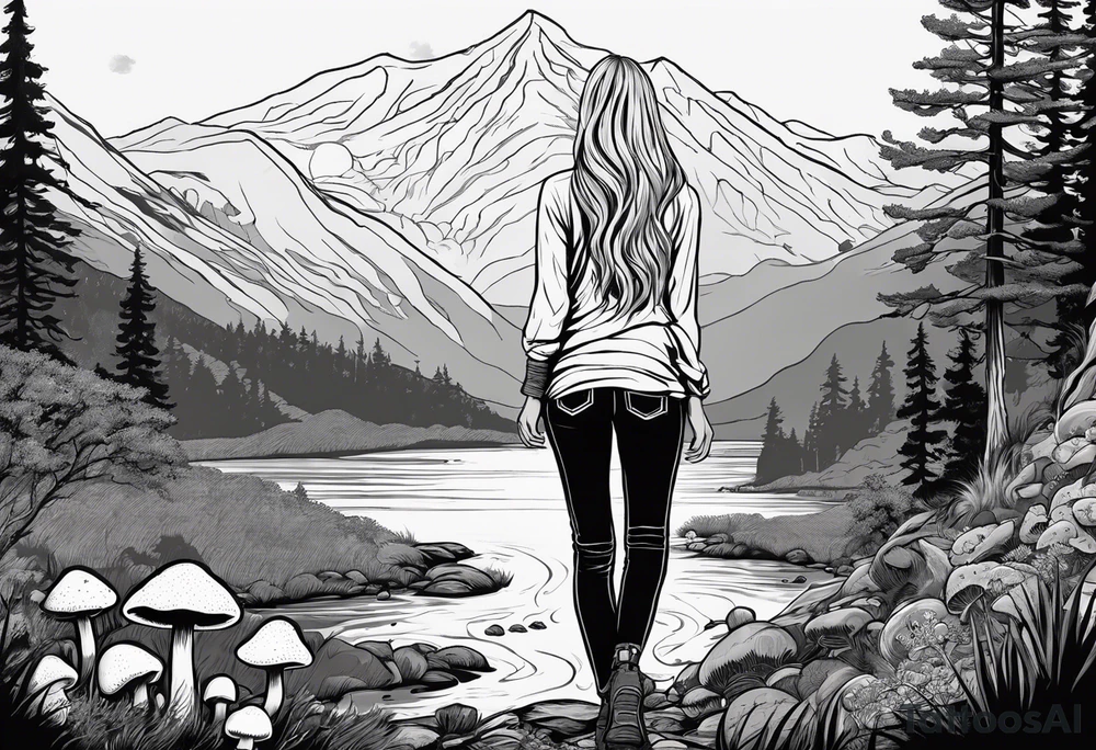 Whole picture encircled fully

Straight long blonde hair hippie girl in distance holding mushrooms in hand facing away toward mountains and creek surrounded by mushrooms long sleeve shirt and hiking pants; whole rendering within a full circle, no cut off circle tattoo idea