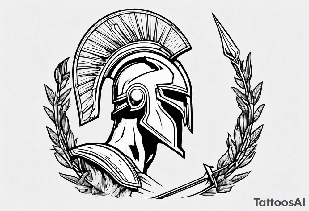 rectangular landscape format ultra-fine line linework vector of a spartan from the side, spartan spear, spartan shield, laurel wreath tattoo idea