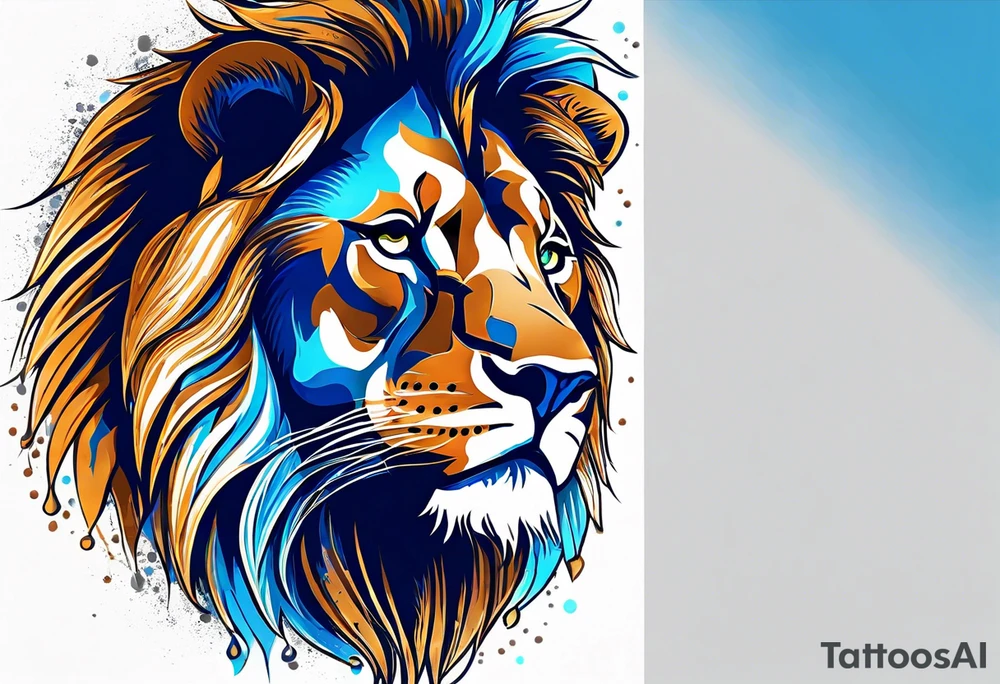 face of a lion with a third eye. Left eye blue, right eye brown. The third eye on the forehead is abstract. Around the muzzle there is a compass bezel tattoo idea