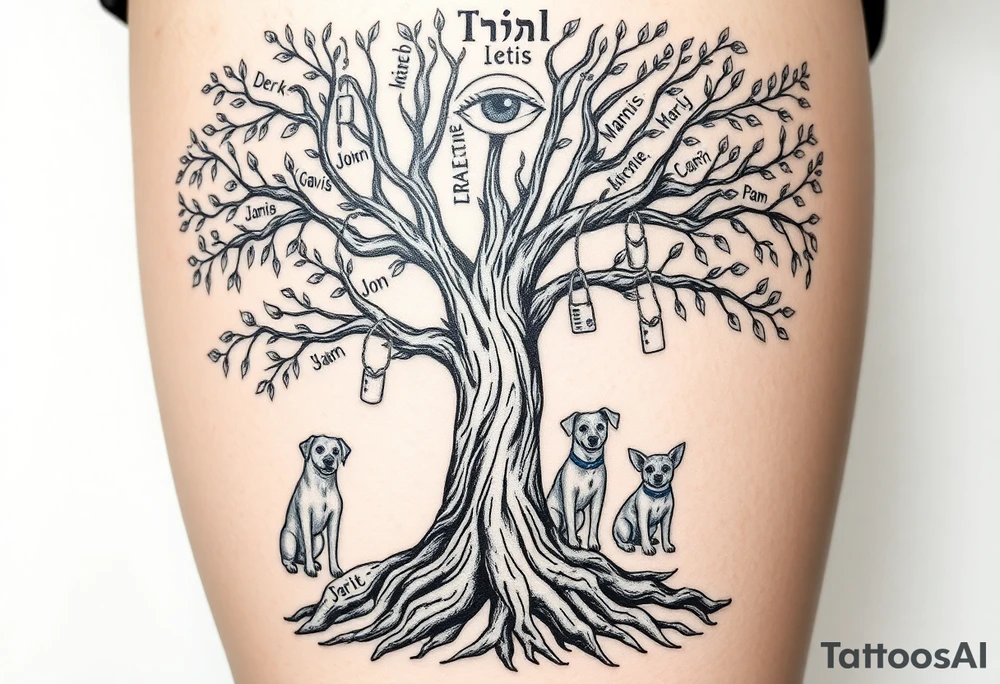 Hippy beech tree full of life. 
Jamie, Derek, Iris, John, bill, Winnie names in the roots, Mavis, Garhi, Mickey, Pam, Lucy, in the branches at the top. Names can be in Hebrew. 
Three dogs a Rhodesian Ridgeback, King Charles cavalier and chihuahua. 
Prett, feminine ornate. Boxing gloves hanging from tree maybe with an all seeing eye overseeing it all. Must be feminine and pretty tattoo idea