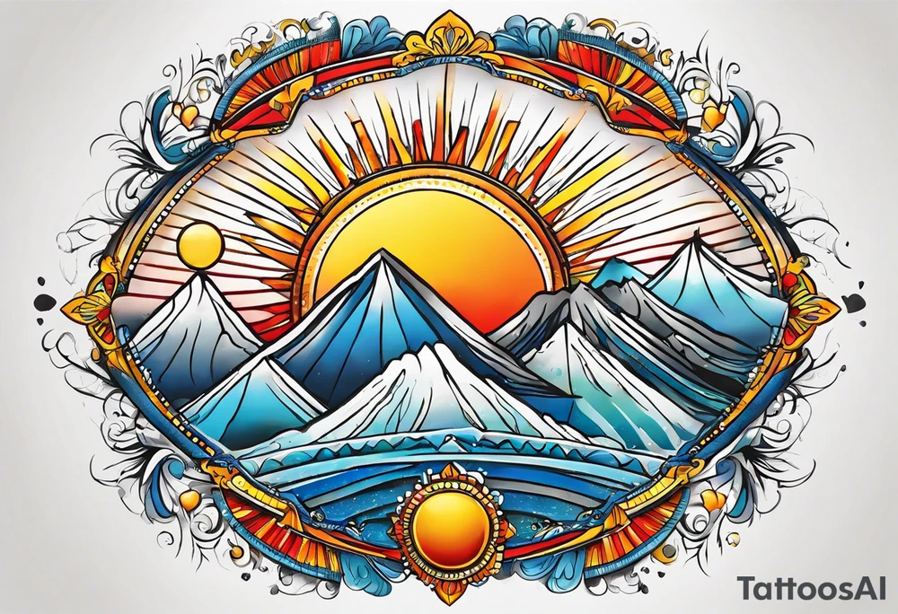 sunburst with yellow, orange, red, and blue colors tattoo idea