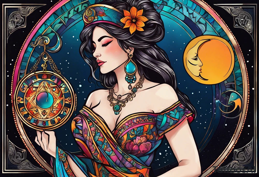 Libra woman holding scales with a night zodiac background including a half moon that encircles half of the woman with vibrant colors tattoo idea