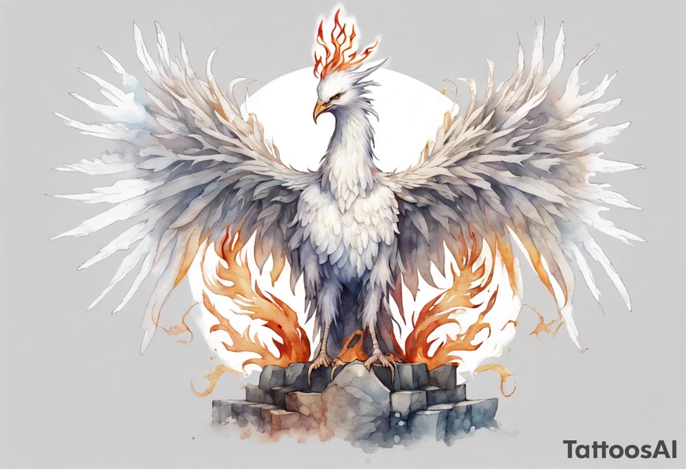 a white phoenix wearing a plain iron diadem, standing on a stone throne tattoo idea