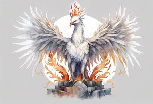 a white phoenix wearing a plain iron diadem, standing on a stone throne tattoo idea