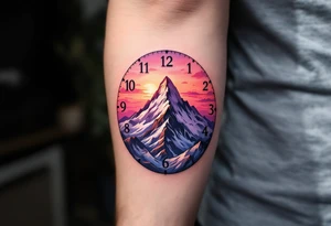 A mountain peak forming the numbers of a clock, bathed in sunrise pinks and purples, representing the climb through life’s challenges. tattoo idea