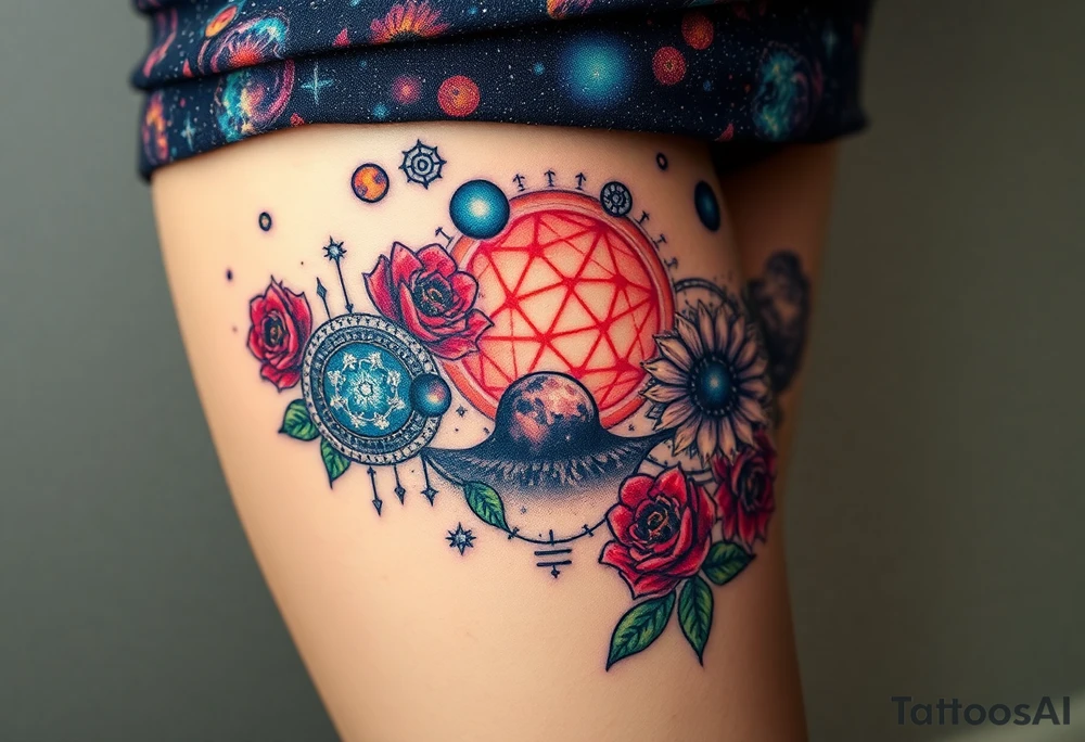 Milky way galaxy .. planets with zodiac symbols and protection runes with red roses and sunflowers tattoo idea