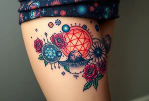 Milky way galaxy .. planets with zodiac symbols and protection runes with red roses and sunflowers tattoo idea
